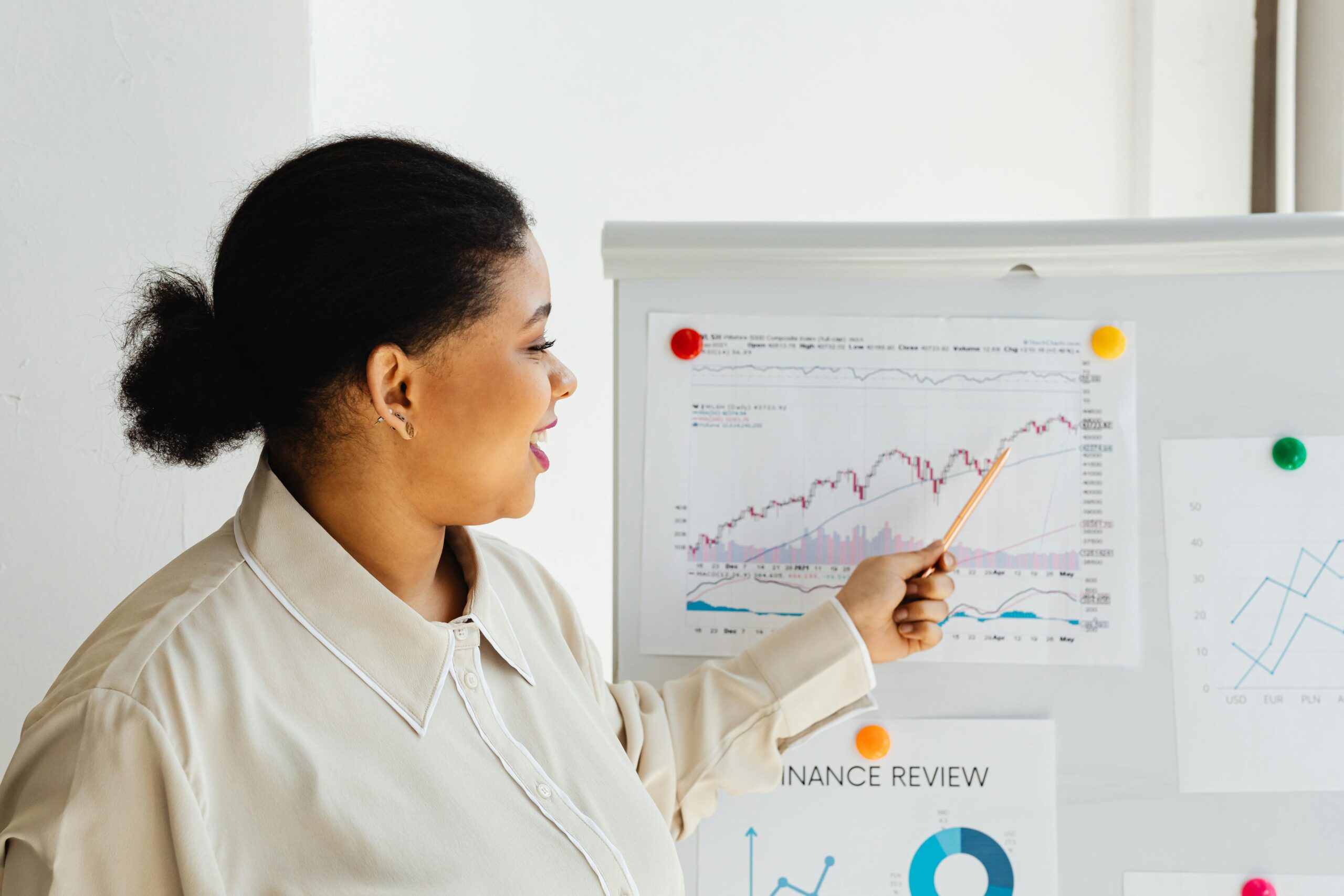 A woman pointing at a financial chart on a whiteboard during a business presentation, showing rising graphs and market trends.